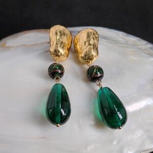 Gold Tone Earrings with Emerald Green Glass Drops